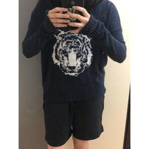 Tiger Sweater Long Sleeved V Neck Dark Blue with White Fur Abercrombie & Fitch